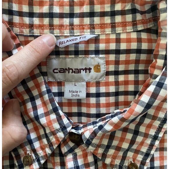 Men’s Carhartt Orange And Navy Plaid Casual Button-up Shirt Sleeve Shirt Size L - Picture 3 of 4